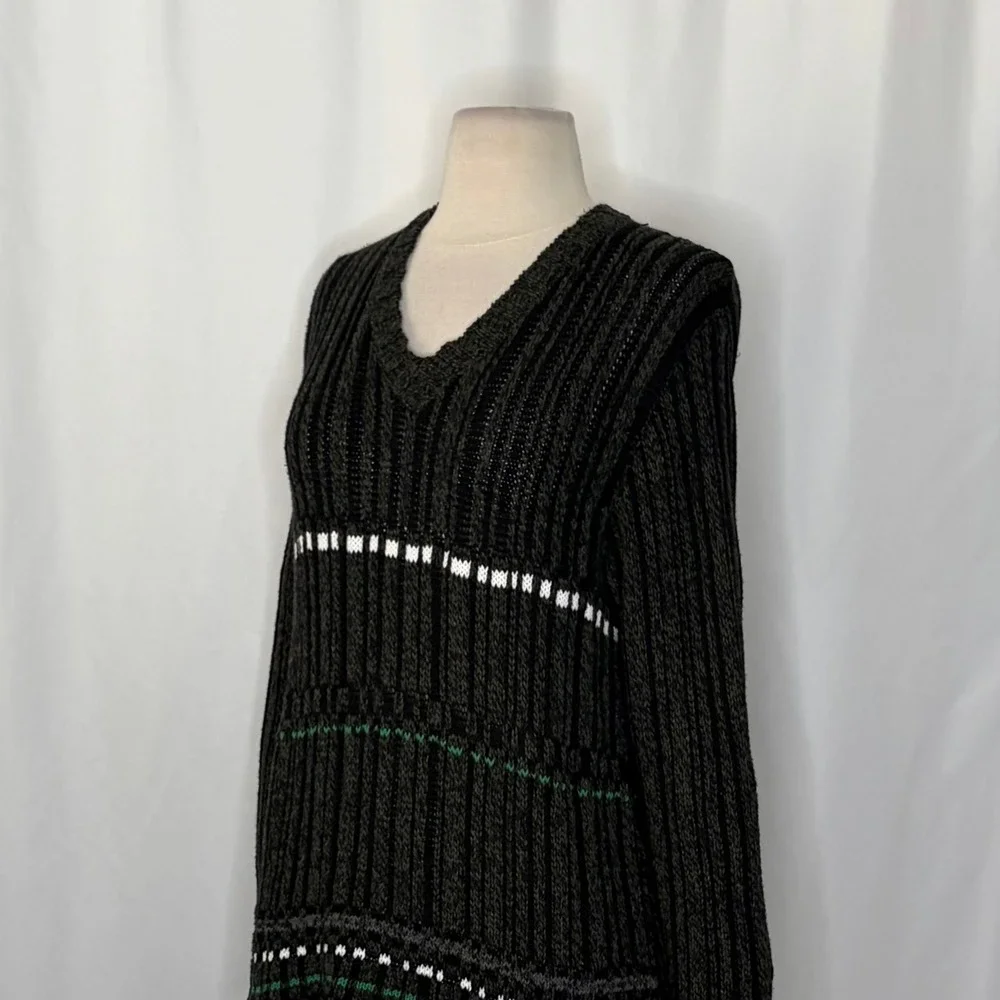 DRIES‎ VAN NOTEN Green Striped Pullover Knit Sweater V Neck Medium